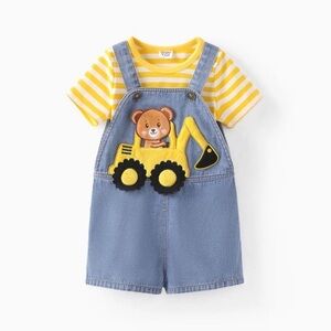 Patpat Baby Denim Bear and Excavator Overalls with Yellow Striped Shirt